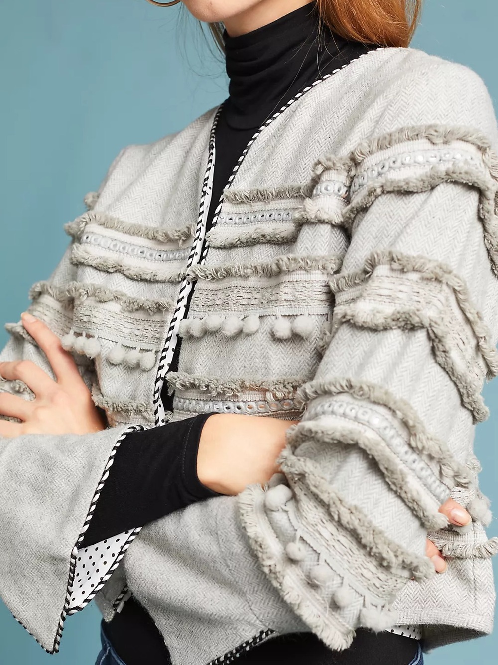 Anthropologie Harlyn Annapolis Pommed Fringe Open-Front Jacket in Light Gray